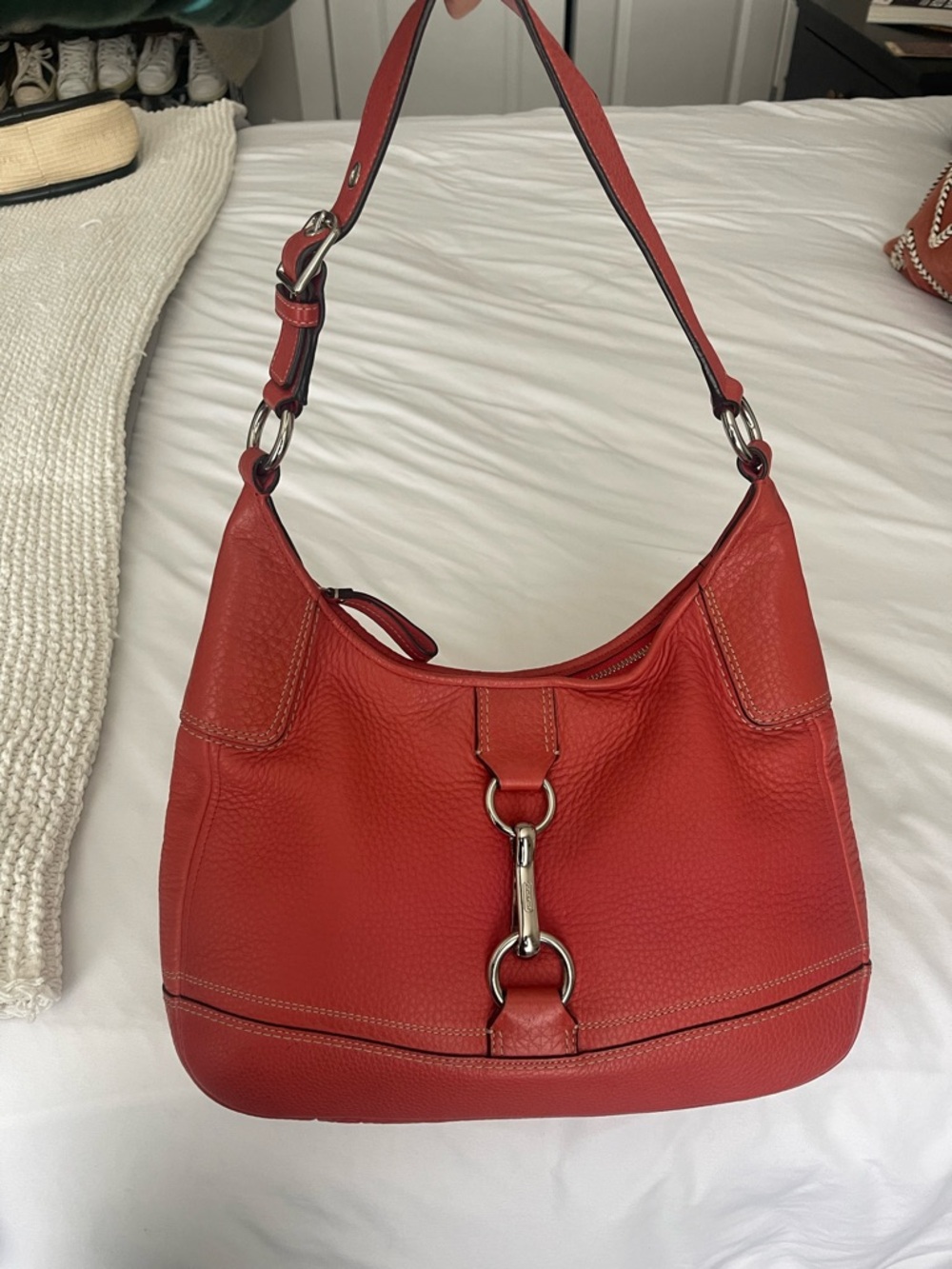 Coach Red Pebbled Leather Hobo Bag with Silver Hardware